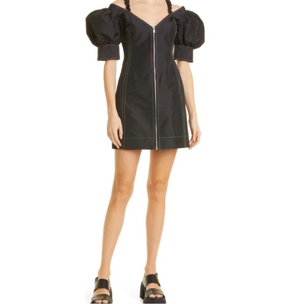 Ganni Taffeta Mini Dress Puff Sleeves Black Zipper  Size 2 XS